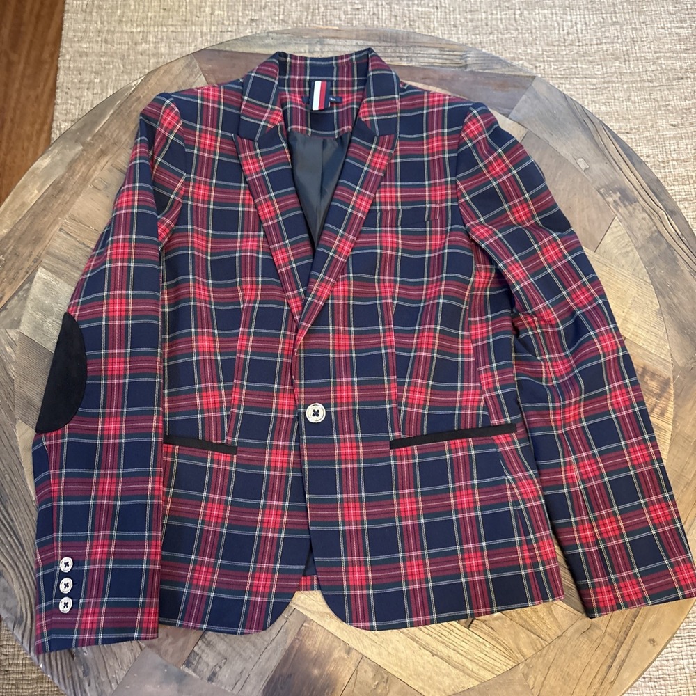 Tommy Hilfiger Tartan Plaid Blazer Size 12 Red Green Blue Elbow Patches Preppy